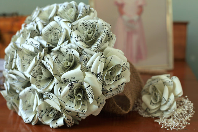 Custom Cascading Wedding Bouquet of Paper Flowers- Your choice of Sheet  Music & Accent Colors